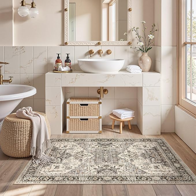 3x5 Washable Entryway Rug: Non-Slip Soft Vintage Floral Indoor Area Rug for Living Room Large Kitchen Entryway Bedroom Bedside, Door Mat Throw Carpet for Laundry Foyer Home Decor (Brown)