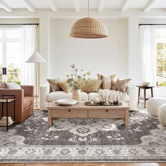 Area Rug for Living Room - 8x10 Soft Washable Oriental Vintage Floral Distressed Large Carpet - Fade Stain Resistant Non Slip Rugs for Bedroom Dining Room Nursery Dorm Office Home Decor - Brown/Grey