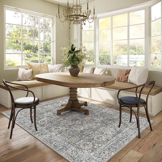 Washable Area Rugs 5'x7' Non-Slip Vintage Boho Distressed Fade Resistant Low Pile Carpet for High-Traffic Living Room, Bedroom & Dining Room