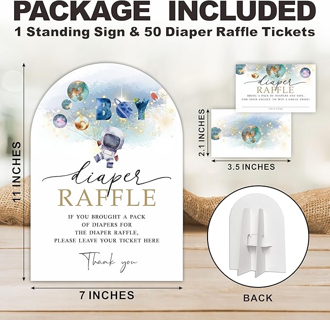 Space Astronaut Diaper Raffle Game Kit with Stand - 50 Tickets & 7x10 Inch Sign for Gender Neutral Baby Shower, Outer Space Theme Gender Reveal Party Decor (B03)