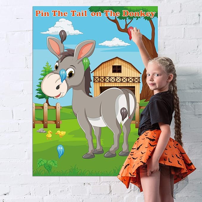 FEPITO Pin The Tail on The Donkey Party Game with 24 Pcs Tails for Kids Birthday Party Decorations, Carnival Circus Party Supplies