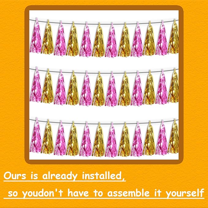 3P Gold Pink Metallic Fringe Tassel Banner Garland Foil Tinsel Streamer Wall Hanging Curtain Backdrop for Parade Floats, Graduation, Wedding, Bachelorette, Birthday, Retirement Party Decorations