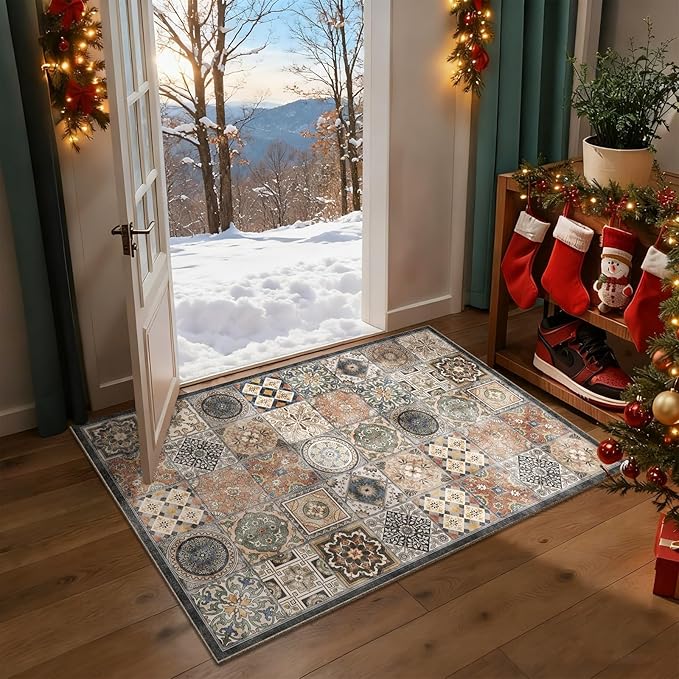 Washable 2'x3' Non Slip Rug Vintage Soft Low Pile Lightweight Small Area Rugs for High-Traffic Areas (Entryway, Kitchen, Hallway), Farmhouse Decor