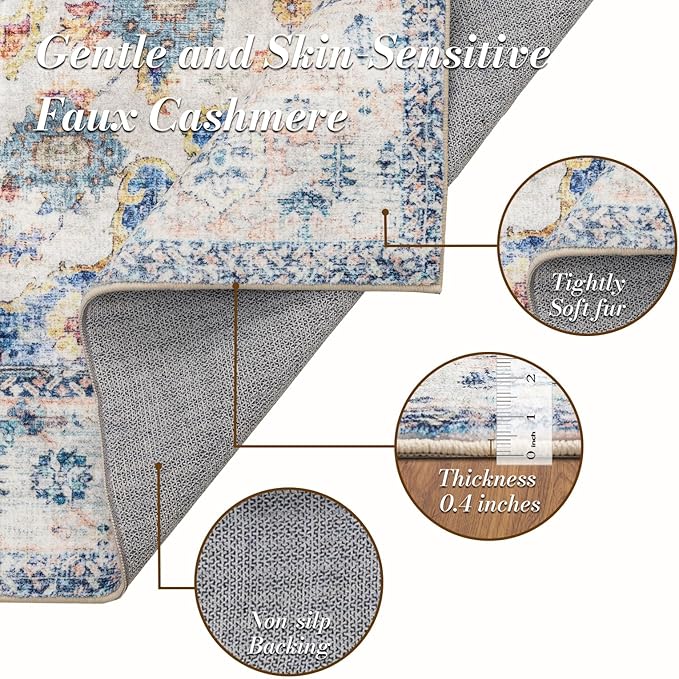 Area Rug 3×5, Vintage Boho Rug,Ultra-Soft Low Pile, Washable, Non Slip,Stain Resistant Printed Carpet for Living Room Bedrooms Playroom Office Kitchen, Blue/Red