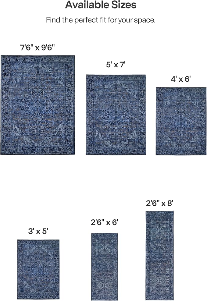 ReaLife Rugs Machine Washable Area Rug Runner - Living Room Bedroom Bathroom Kitchen Entryway Office - Padded Low Pile Stain Resistant Premium - Boho Vintage Traditional - Lyle - Blue 2'6" x 8'