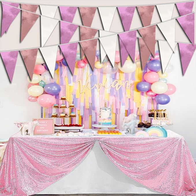 40M/130FT Rose-Gold Pink Triangle Pennant Banner Flag Metallic Fabric Bunting Garland for Christmas Graduation Wedding Engagement Anniversary Bachelorette Birthday Bridal Shower Hen Party Supplies