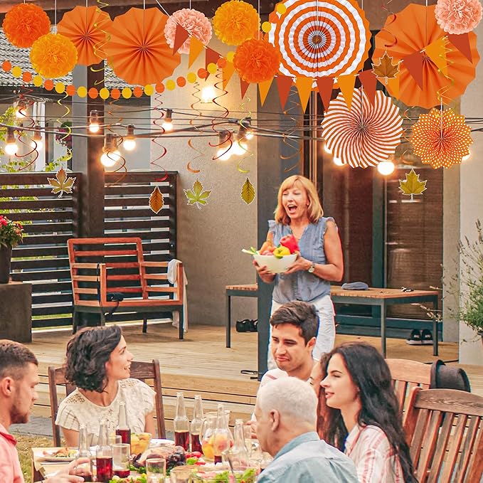 27PCS Thanksgiving Decorations, Happy Thanksgiving Banner, Orange Yellow Harvest Pompom Garland Paper Fan Hanging Swirls for Fall Harvest Party Decorations Decor Accessories Indoor Outdoor Supplies