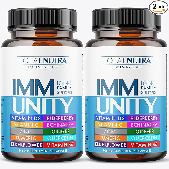 10-In-1 Immune Support Supplement: Immune Boosters for Adults & Kids Daily Immunity Defense with Key Immune System Vitamins Zinc, Vitamin C and D, Plus Elderberry, Quercetin, Echinacea & More, 60 Caps