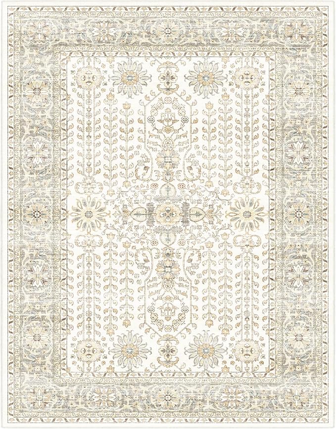7x9 Area Rugs for Living Room,Thin Washable Rug, Non-Slip Foldable Area Rug for Bedroom, Dining Room, Home Office, Cream