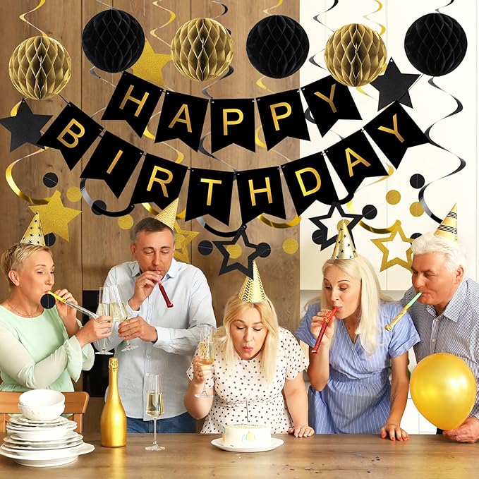 meowtastic Birthday Decorations, Happy Birthday Banner with Honeycomb Balls, Star Hanging Swirl Streamers, Circle Dot Garland, Happy Birthday Party Decorations for Women Men Boys Girls (Black & Gold)