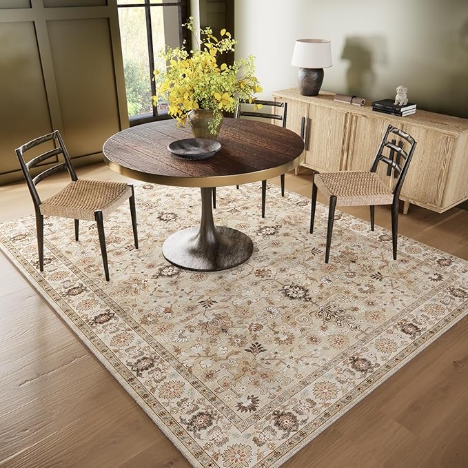 6x9 Washable Rug Vintage Fade Resistant Boho Distressed Non-Slip Indoor Large Carpet Low Pile Lightweight & High-Traffic Safe for Bedroom, Dorm, Playroom - Farmhouse Decor