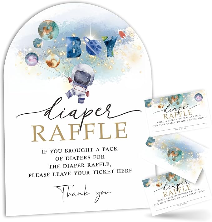 Space Astronaut Diaper Raffle Game Kit with Stand - 50 Tickets & 7x10 Inch Sign for Gender Neutral Baby Shower, Outer Space Theme Gender Reveal Party Decor (B03)