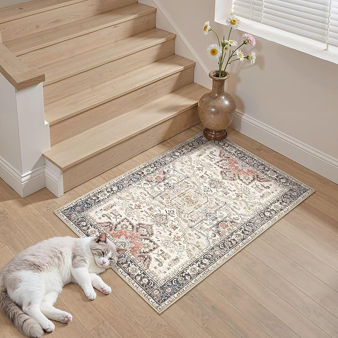 2x3 Washable Entryway Rug: Non-Slip Soft Small Indoor Area Rug for Bedroom Kitchen, Low Pile Stain-Resistant Durable Vintage Floral Carpet for Porch Laundry Kids Room Home Decor (Multi)