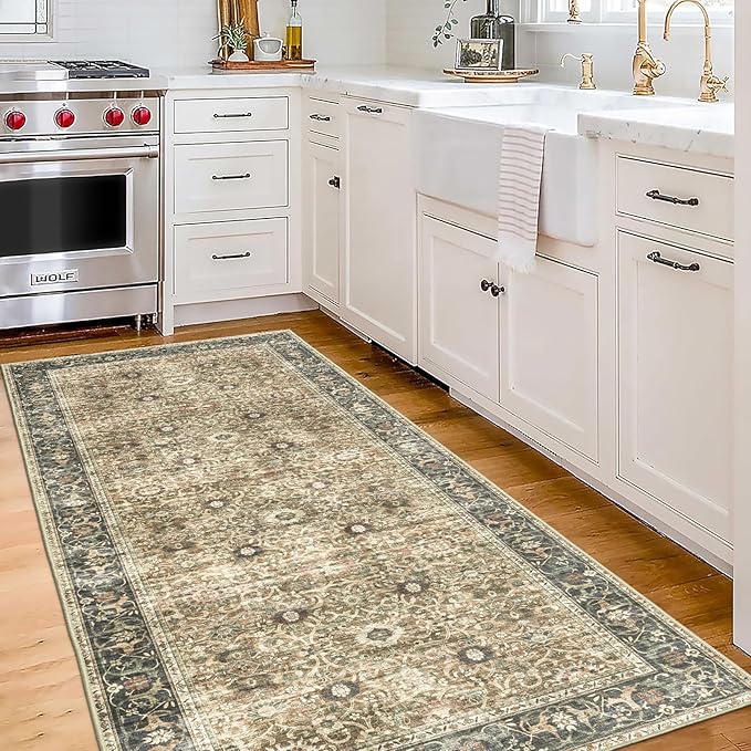 ReaLife Rugs Machine Washable Area Rug - Living Room Bedroom Bathroom Kitchen Entryway Office - Padded Low Pile Stain Resistant Premium - Boho Farmhouse Vintage - Dua - Brown Gray Beige 2'6" x 6'