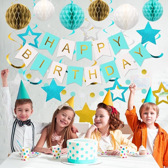 meowtastic Birthday Decorations, Happy Birthday Banner with Honeycomb Balls, Stars Hanging Swirls Streamers, Circle Dots Garland, Happy Birthday Party Decorations for Women Men Boys Girls (Mint)