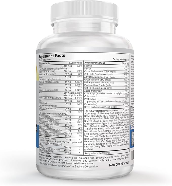 Vegan Whole Food Multivitamin & Mineral - Vitamins A B1 B2 B6 B12 C D3 E & 110 Super Foods, Herbs, Greens & Reds - Enzymes & Probiotics for Immune Support - Energy Boost - 90 Tablets