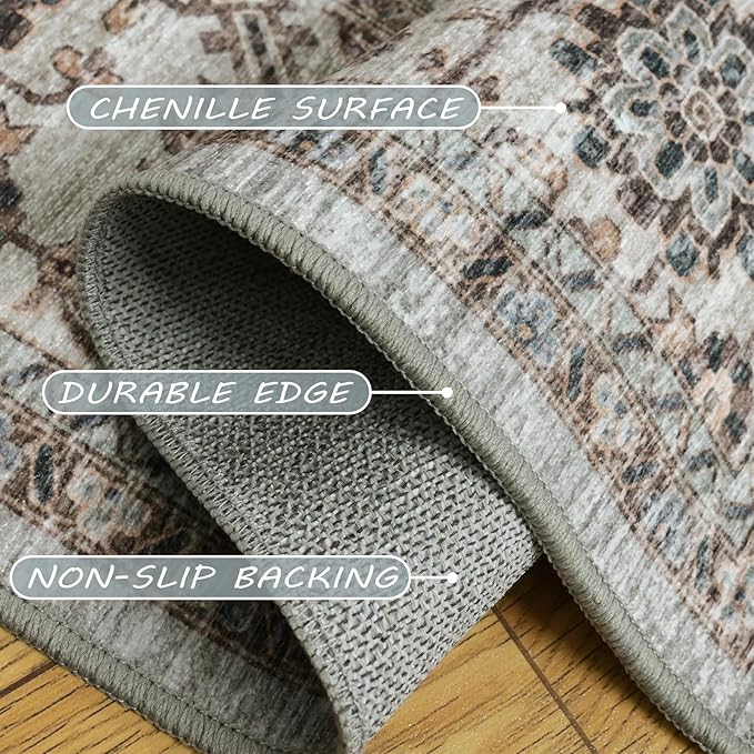 Machine Washable Rug 8x10 - Vintage Inspired Distressed Design Large Area Rugs,Soft Durable, Stain Resistant, Non-Shedding, Easy Clean Area Rugs (Olive/Taupe, 8X10)