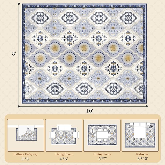 EnHomee 8x10 Area Rug, Soft Washable Rugs for Living Room Bedroom, Boho Non Slip Low Pile Stain Resistant Washable Rug Large Area Rugs for Dining Room,Easy to Clean Living Room Rug, Blue
