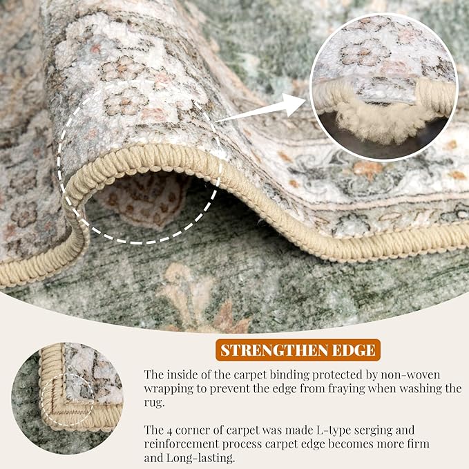 MUJOO 5'x7' Area Rugs Green Machine Washable Rugs Living Room Rugs Boho Area Rug for Bedroom Laundry Room Kitchen Non Slip Carpet Abstract Soft Low-Pile Floral