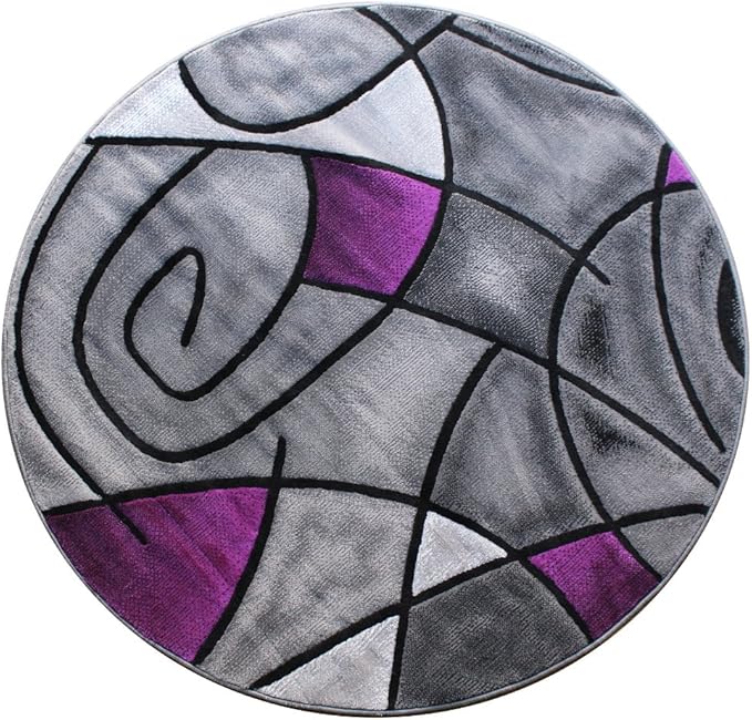 Masada Rugs, Modern Contemporary Round Area Rug, Purple Grey Black (5 Feet X 5 Feet) Round