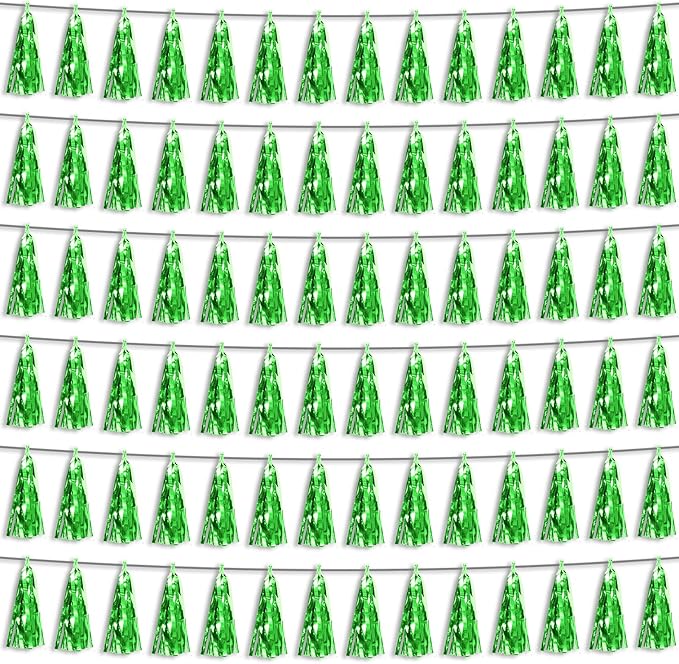 6P Green Foil Fringe Metallic Tassel Streamers Banner Tassel Garland for Parade Floats, Bachelorette, Wedding, Birthday, Graduation, Christmas, Bridal/Baby Shower Party Decorations