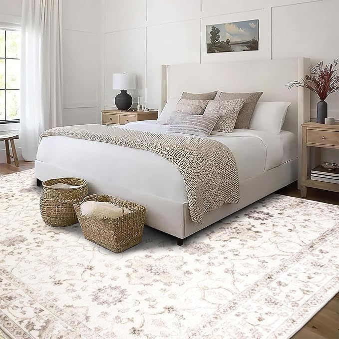 ReaLife Rugs Machine Washable Area Rug Runner - Living Room Bedroom Bathroom Kitchen Entryway Office - Padded Low Pile Stain Resistant Premium - Boho Farmhouse Vintage - BEV - Beige 3' x 5'