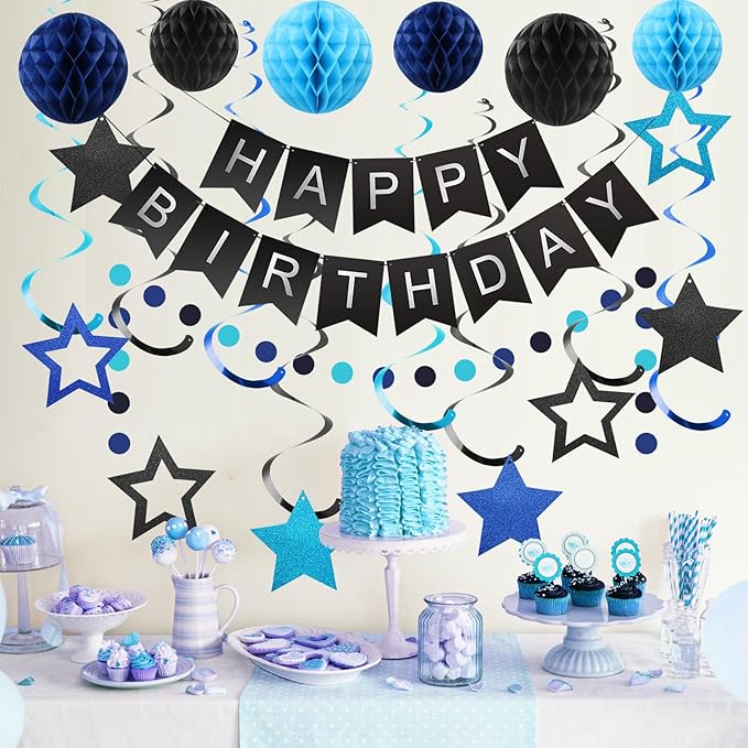 meowtastic Birthday Decorations, Happy Birthday Banner with Honeycomb Ball, Stars Hanging Swirl Streamer, Circle Dots Garland, Happy Birthday Party Decorations for Women Men Boys Girls (Black & Blue)