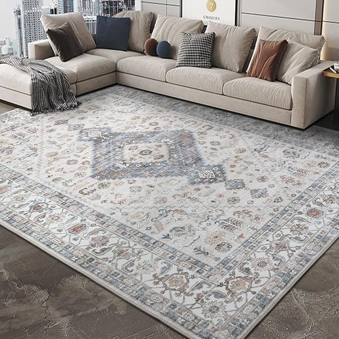 Washable Vintage Area Rug 8x10 - Large Soft Traditional Farmhouse Ultra-Thin Rug for Living Room, Bedroom, Dining Room and Home Office - Distressed Oriental Reto Indoor Floor Carpet Rug…