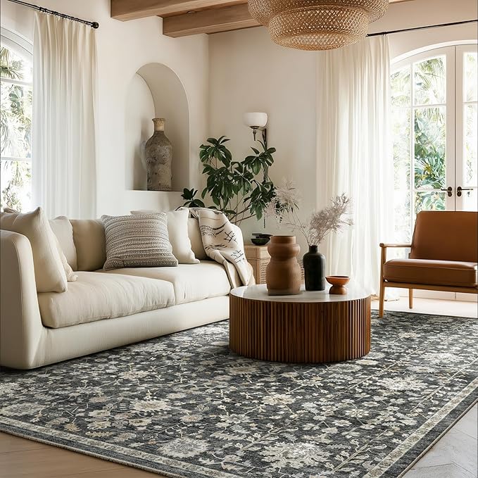 Washable Area Rugs 5'x7' Non-Slip Vintage Boho Distressed Fade Resistant Low Pile Carpet for High-Traffic Living Room, Bedroom & Dining Room