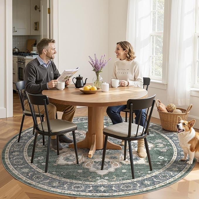 Area Rug for Living Room - 8x8 Soft Washable Oriental Vintage Floral Distressed Large Carpet - Fade Stain Resistant Non Slip Rugs for Bedroom Dining Room Nursery Dorm Office Home Decor - Green