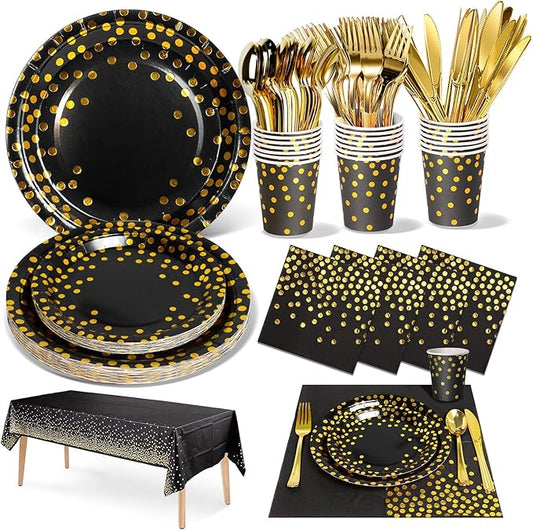 141 Pieces Black Gold Party Supplies, Disposable Party Decorations Sets Include Paper Plates Napkins Cups, Plastic Forks Knives Spoons, for Baby Shower Birthday Wedding -20 Guests