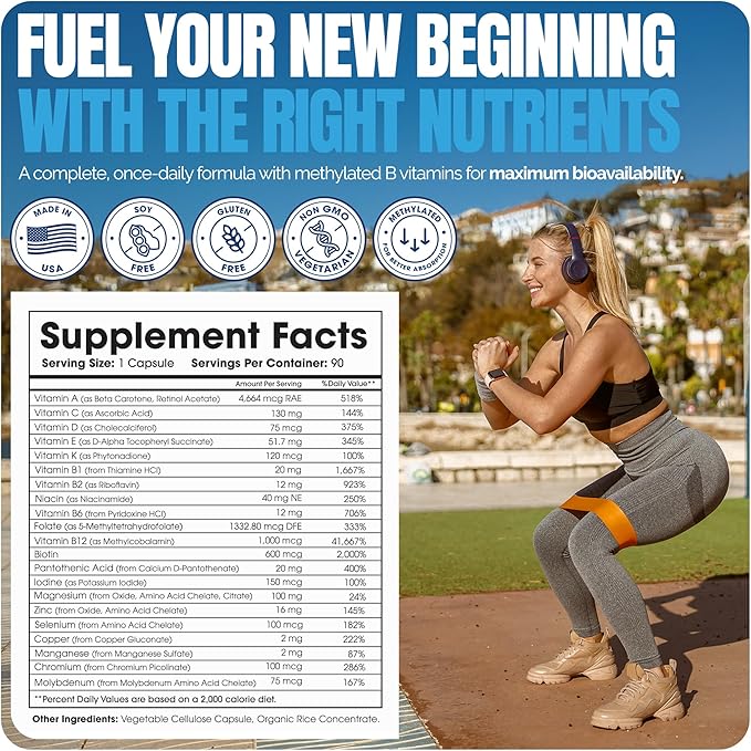 Shiny Leaf Methylated Bariatric Multivitamin Without Iron – Vitamins for Gastric Bypass & Sleeve, 1 Daily Capsule W Methylated Folate, B12, A, C, D, K & More. Vegetarian, Soy-Free, USA Made (90 Ct.)