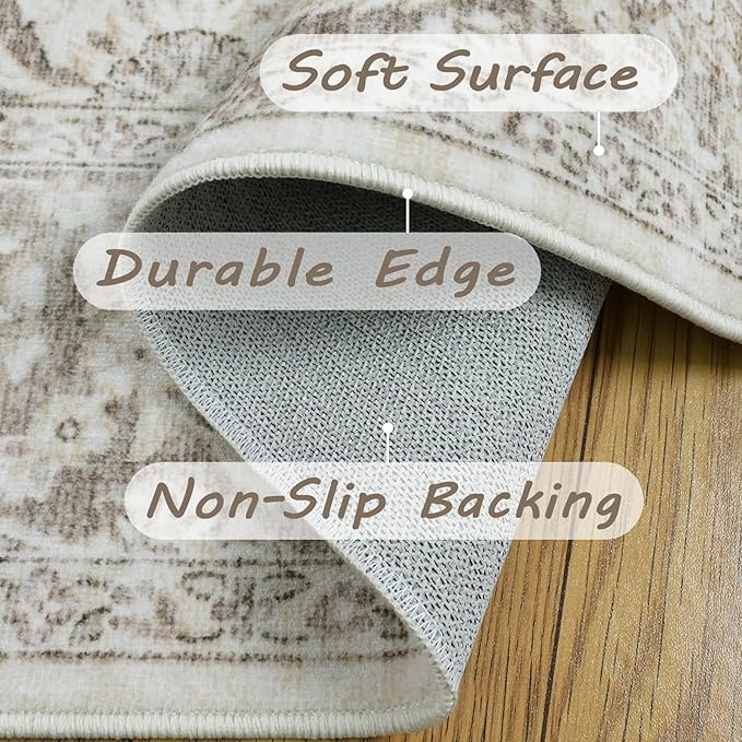 7x9 Machine Washable Non Slip Vintage Area Rugs for Living Room, Low Pile Lightweight Print Rug for Bedroom, Dining Room, Home Office, Beige Gray
