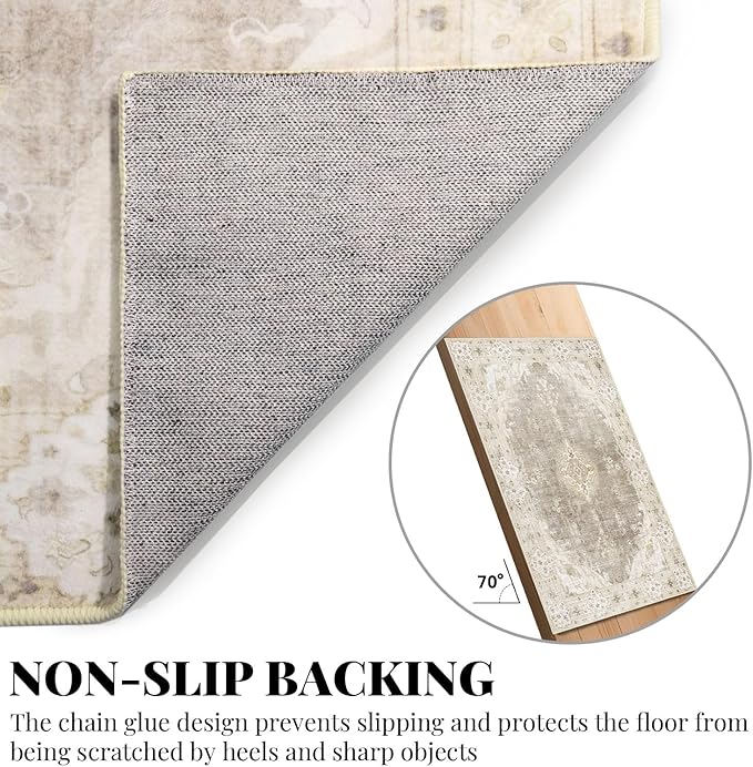 MUJOO Beige Rug 6'x9',Washable Area Rugs for Living Room Bedroom Dining Room, Large Boho Vintage Farmhouse Distressed Non Slip Carpet,Floral Flowers