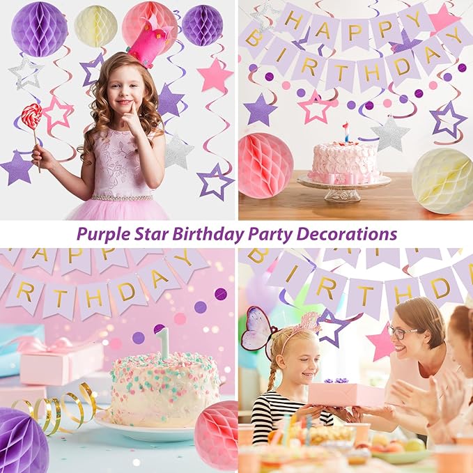 meowtastic Birthday Decorations, Happy Birthday Banner with Honeycomb Balls, Stars Hanging Swirls Streamers, Circle Dots Garland, Happy Birthday Party Decorations for Women Men Boys Girls (Purple)