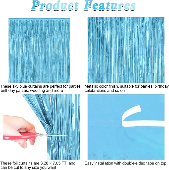 12 Pack Party Decorations, 3.28 FT x 7.05 FT Sky Blue Curtains, Metallic Party Streamers Photo Booth Backdrop Foil Fringe Curtains, Light Blue Winter Wonderland Backdrop Birthday Decor