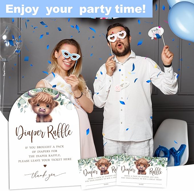 Holy Cow Diaper Raffle Game Kit with Sign - 50 Tickets, 7x10 Inch Standee for Gender Neutral Baby Shower, Farm Theme Gender Reveal Party Decorations (B01)