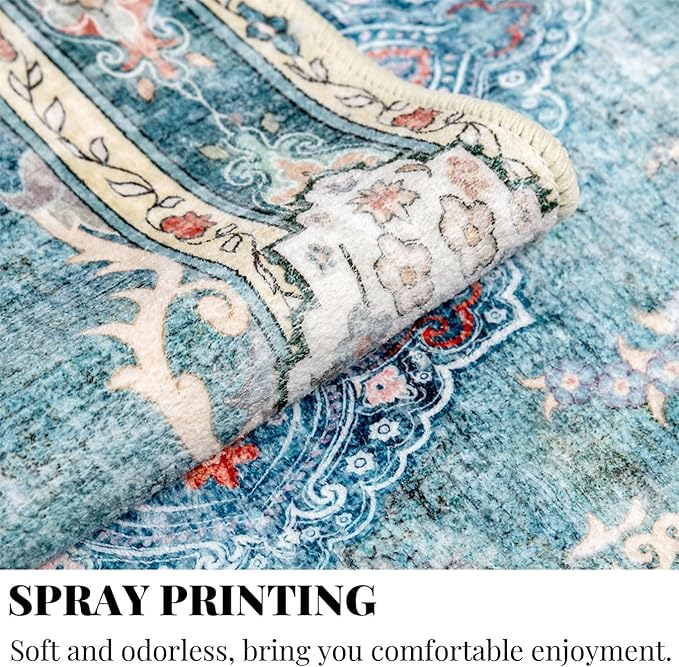 MUJOO Hallway Runner Rug 2'x8' Teal Long Rug Runners Boho Machine Washable Non Slip Carpet for Entryway Kitchen Bathroom Bedside Retro Soft Low-Pile Blossom