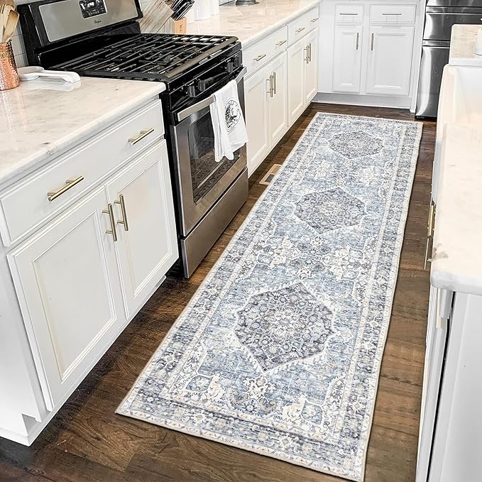 Runner Rug 2×8, Vintage Boho Rug,Ultra-Soft Low Pile, Washable, Non Slip,Stain Resistant Printed Carpet for Hallway Kitchen Living Room Bedrooms Playroom Office, Light Blue