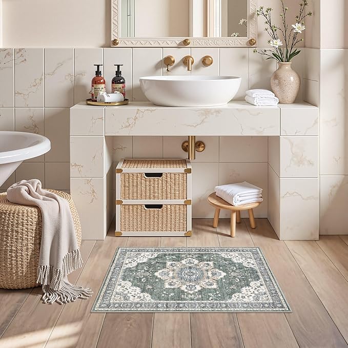 2x3 Washable Entryway Rug: Non-Slip Soft Small Indoor Area Rug for Bedroom Kitchen, Low Pile Stain-Resistant Durable Vintage Floral Carpet for Porch Laundry Kids Room Home Decor (Green)