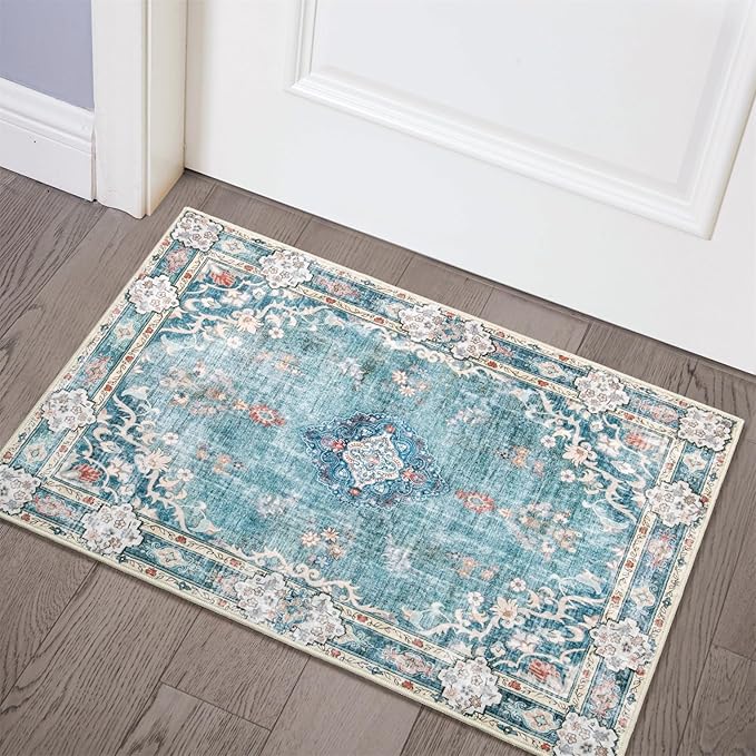 MUJOO Teal Area Rug Small Rugs Boho Machine Washable Rugs Non Slip for Entryway Kitchen Bathroom Bedroom Vintage Soft Low-Pile 2'x3' Blue Flowers Colorful