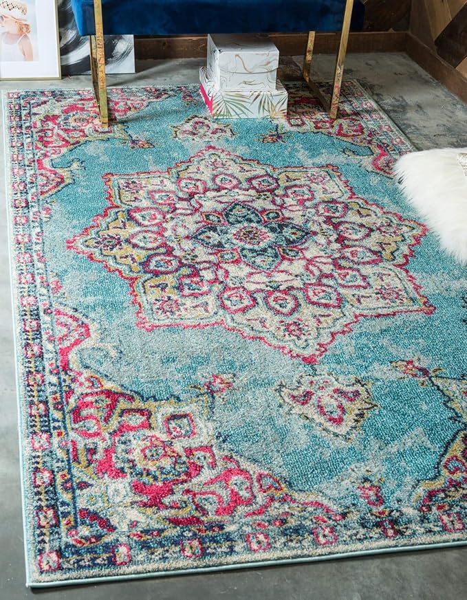 Unique Loom Medici Collection Floral Medallion Traditional Vintage Light Blue Area Rug (7' 0 x 10' 0)