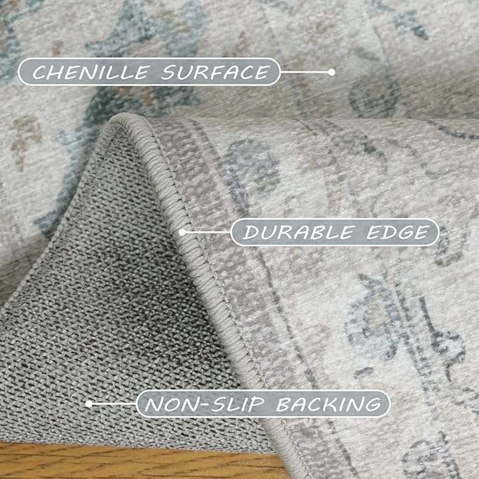 8x10 Area Rugs for Living Room, Machine Washable Non Slip Vintage Retro Rugs, Low Pile Lightweight Chenille Print Indoor Rug for Bedroom, Dining Room, Home Office(Grey/Blue/TAN/Teal/Green)