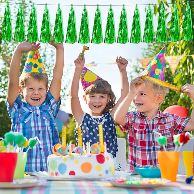 6P Green Foil Fringe Metallic Tassel Streamers Banner Tassel Garland for Parade Floats, Bachelorette, Wedding, Birthday, Graduation, Christmas, Bridal/Baby Shower Party Decorations