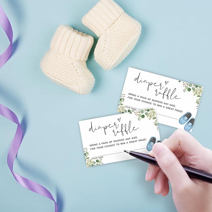 Greenery & Blue Baby Clothes Diaper Raffle Sign, Arched Display Board with Stand - 7x10 Inch Gender Neutral Shower Game Kit, 50 Tickets, Natural Decor (B08)