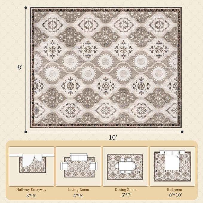 EnHomee 8x10 Area Rug, Soft Washable Rugs for Living Room Bedroom, Boho Non Slip Low Pile Stain Resistant Washable Rug Large Area Rugs for Dining Room,Easy to Clean Living Room Rug, Khaki