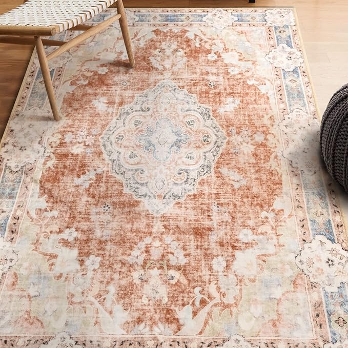 MUJOO Boho Rug 3'x5' Machine Washable Area Rugs Small Non Slip for Entryway Bedroom Bedside Kitchen Hallway Living Room Laundry Indoor Mat Soft Low-Pile Floral Orange Navy Blue