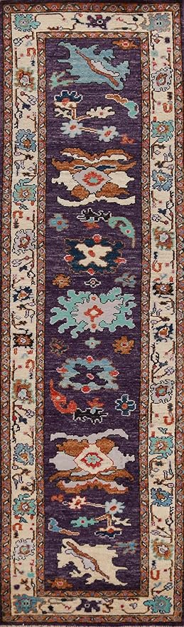Rug Source Transitional Collection, 11 Ft Runner Oushak Runner Rug, Hand Knotted Purples Floral Rug, Oriental 100% Wool Carpet for Foyer, Entryway and Hallway
