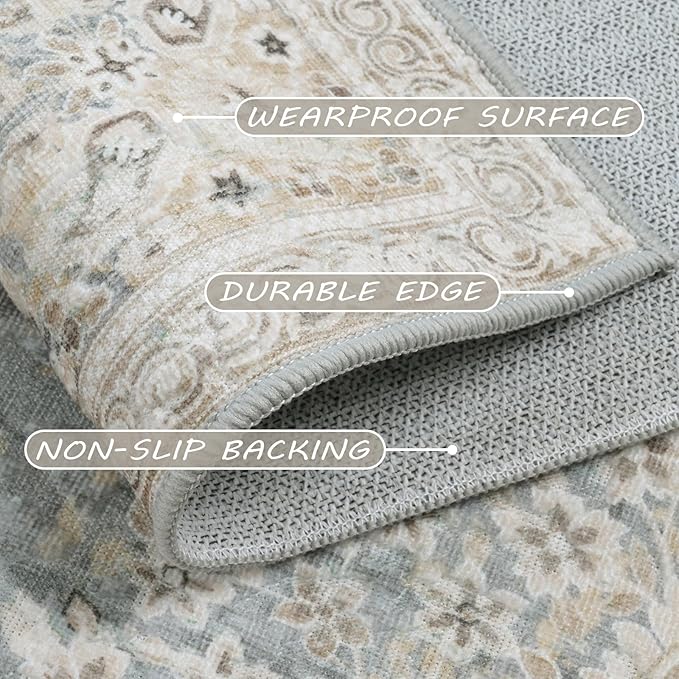 Area Rug 7x9, Washable Gray Vintage Rug, Traditional Floor Cover Thin Rug, Retro Indoor Distressed Non Slip Carpet, Floral Print Mat Living Room Bedroom (Grey/Light Camel, 7X9)