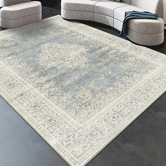 Area Rug 7x9, Washable Gray Vintage Rug, Traditional Floor Cover Thin Rug, Retro Indoor Distressed Non Slip Carpet, Floral Print Mat Living Room Bedroom (Grey/Light Camel, 7X9)